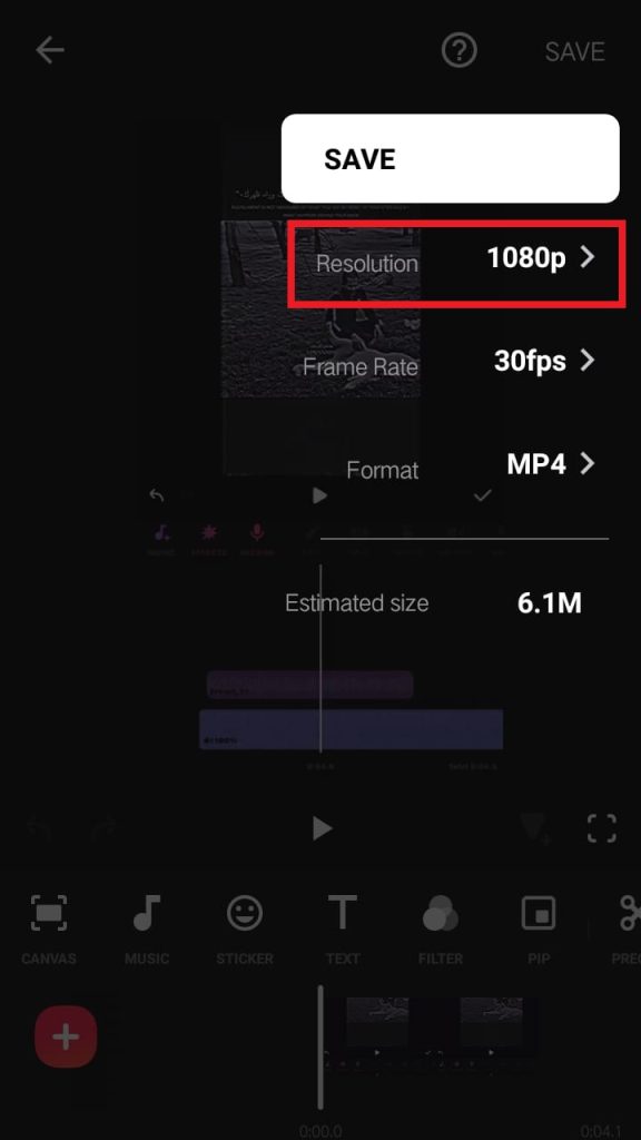 setting video resolution in inshot