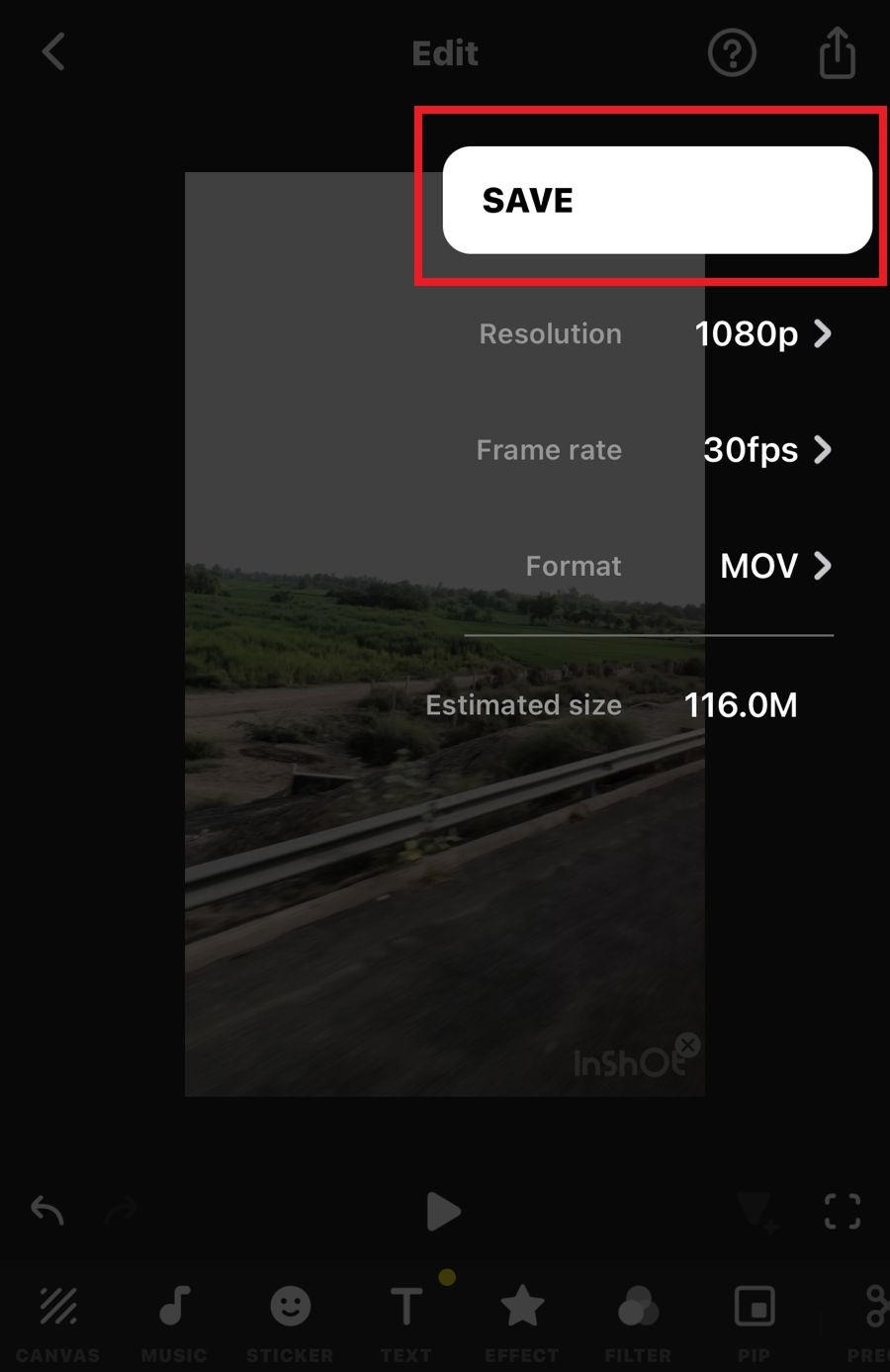 tap on save to save edited video in inshot on iphone